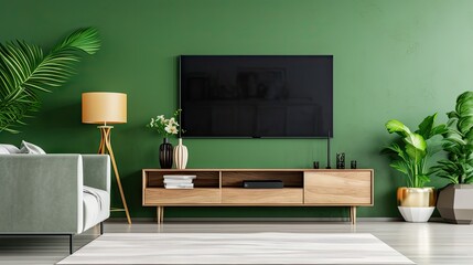 modern living room decor with a TV cabinet against a green wall background.