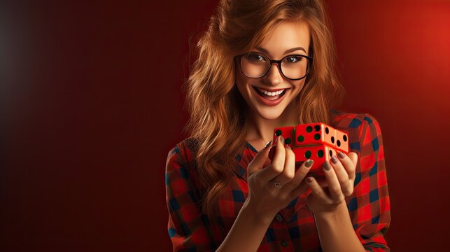 Nerdy model with a pocket protector, joyfully solving a Rubik's cube, set against a red background.