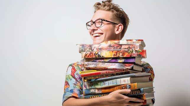 Nerdy model with a stack of comic books, grinning from ear to ear, set against a white background.