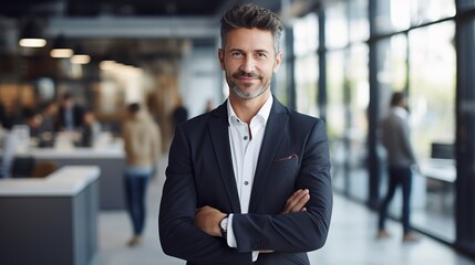 Fototapeta premium Confidence, success, and leadership with a businessman standing arms crossed in the office. Management, and vision with a man employee operating with a growth mentality
