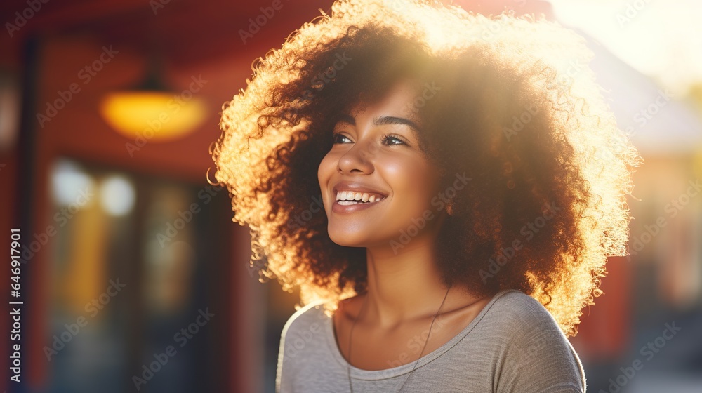 Sticker Smiling blonde woman portrait outdoors, summer happiness