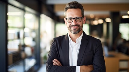 Portrait of a businessman standing in front of a camera with his arms crossed.