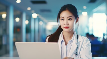 a female asian doctor working on a laptop