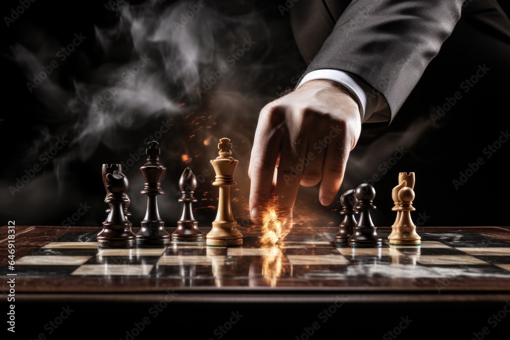 Poster a chessboard with a hand making a fiery move.