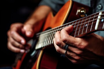 Hands with guitar close-up.