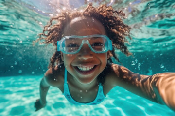 African american girl swimming underwater in pool and smiling at camera