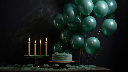 Birthday cake with candles and green balloons on a dark background.