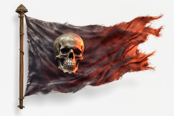 Pirate flag in the form of a skull on a pole on a white background