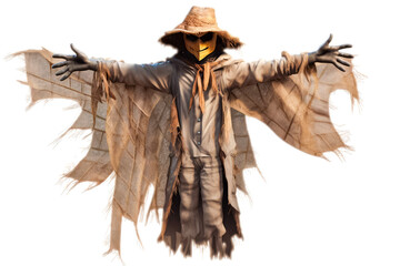 scarecrow dressed in colorful rag clothes. white background