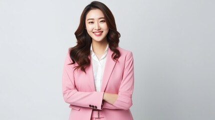 Fototapeta premium Asian businesswoman in suit on white studio background. generative ai