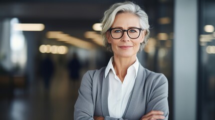 senior woman is photographed looking at the camera. Successful older businesswoman with spectacles. Standing in office is a happy old professor.