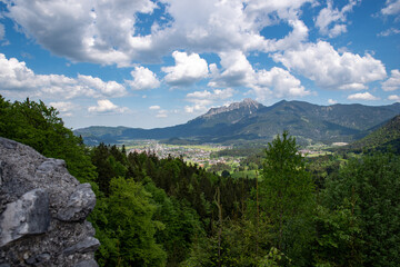 View over the Lech valley and the community of Reute on a sunny day, Austria