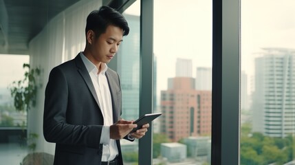 Fototapeta premium A professional Asian businessperson uses tablets in the office.