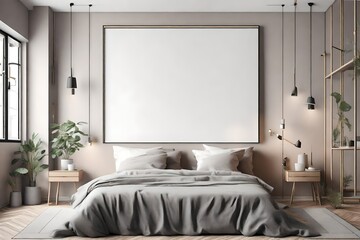Mock up poster frame in bedroom interior background in modern style, 3D Rendering