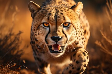 A graceful cheetah sprinting across the African plains in pursuit of prey.