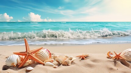 Fototapeta na wymiar sea shells on the beach background. generative ai