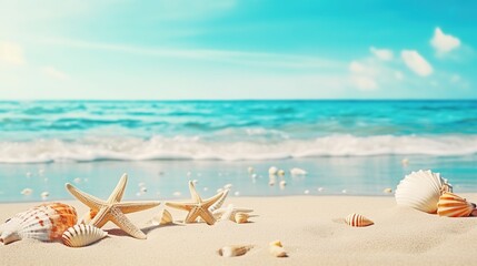 Fototapeta na wymiar sea shells on the beach background. generative ai