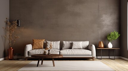 Minimalist living room interior with poster frame, modular sofa, wooden coffee table, carpet, dark stucco wall, and personal accessories.