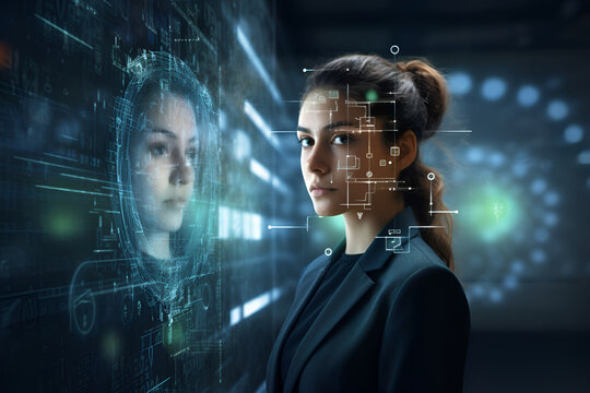 Women and Artificial Intelligence. Technology and people concept.