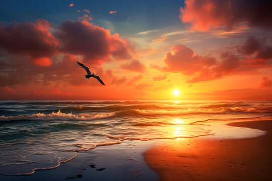 Beautiful seascape with flying seagulls at sunset