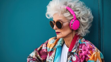 portrait of an older woman in sunglasses and headphone