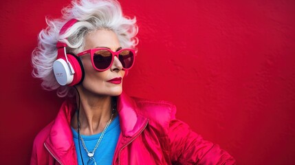 image of an elderly woman with sunglasses and a headphone