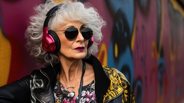 portrait of an older woman in sunglasses and headphone