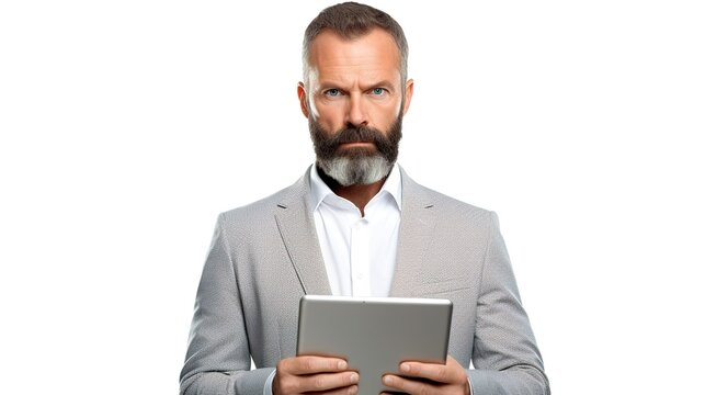Mature businessman with tablet computer on white background. generative ai