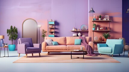 During sales and discounts, home decorations and furniture are showcased with beds, sofas, armchairs, and advertising banners in a setting with a pastel background.
