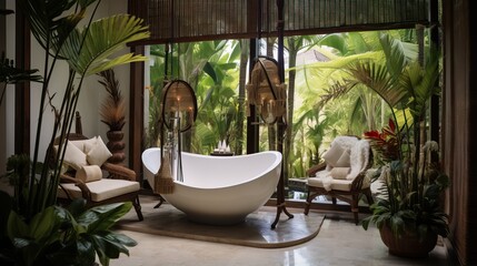 Fototapeta premium Cozy hotel room with white bathtub, nature scene