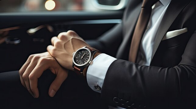 Male in suit with luxury watch, drive a car