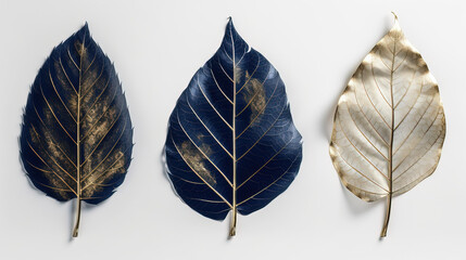 Set of three transparent golden dark blue leaves on white background illustration. Great for wall art and home decor. Generative AI.