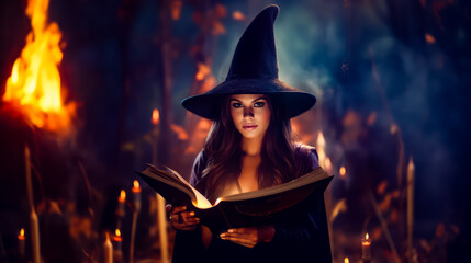 Obraz na płótnie Canvas Woman dressed as witch reading book in dark room with candles.