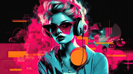 DJ pop art collage style neon bold color, music art