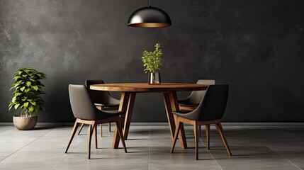a modern dining room with a black round table, wooden chairs, black wall, and light ceramic tile floor.