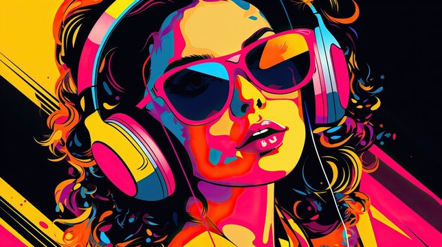 DJ pop art collage style neon bold color, music art