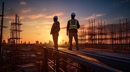 silhouette of a couple construction workers at sunset. generative ai