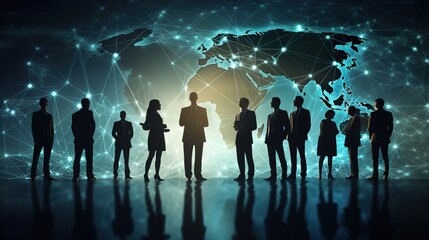 Global business concept, business people standing on world map background. generative ai
