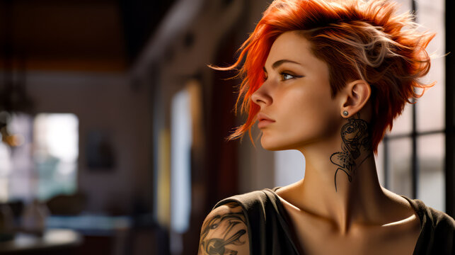 Woman with red hair and piercings on her ears and neck is looking off into the distance.