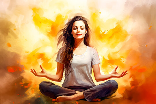 Painting of woman sitting in lotus position with her hands in the air.