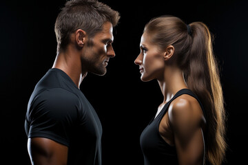 young sporty couple in gray training clothes, isolated on a black background