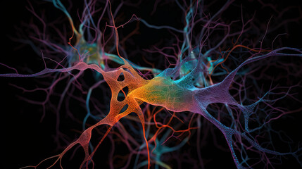 Microscopic photo of a human colorful neurons network in the brain. Colorful network of neurons in human brain. Generative AI.
