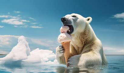 Polar bear eating ice cream in water - obrazy, fototapety, plakaty