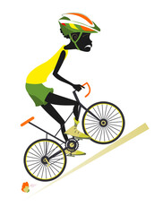 Fototapeta premium Tired cyclist African man rides a bike. Tired African man in helmet overcomes a steep ascent. Isolated on white background 