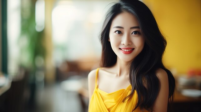 A Smiling Brunette Woman In Her 20s, Showcasing Beauty And Fashion, Exudes A Range Of Emotions In A Captivating Indoor Portrait