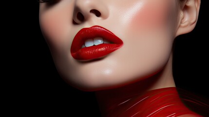 Obraz premium Model displaying a contrasting combination of matte and glossy paint makeup, highlighting the lips