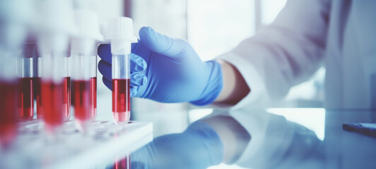 Doctors, Lab workers working with various bacteria and tissues, pharmaceutical research for antibiotics against, Test tubes with blood samples for virus tests, Orthopoxvirus