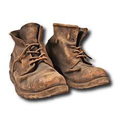 Old brown boots, isolated on white background,
