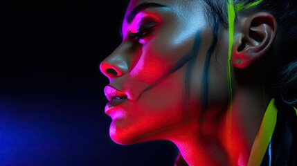 Model with a dramatic look using a mix of neon paint colors, emphasizing the jawline