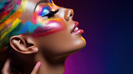 Model with a rainbow paint makeup look, blending multiple colors across the face and neck
